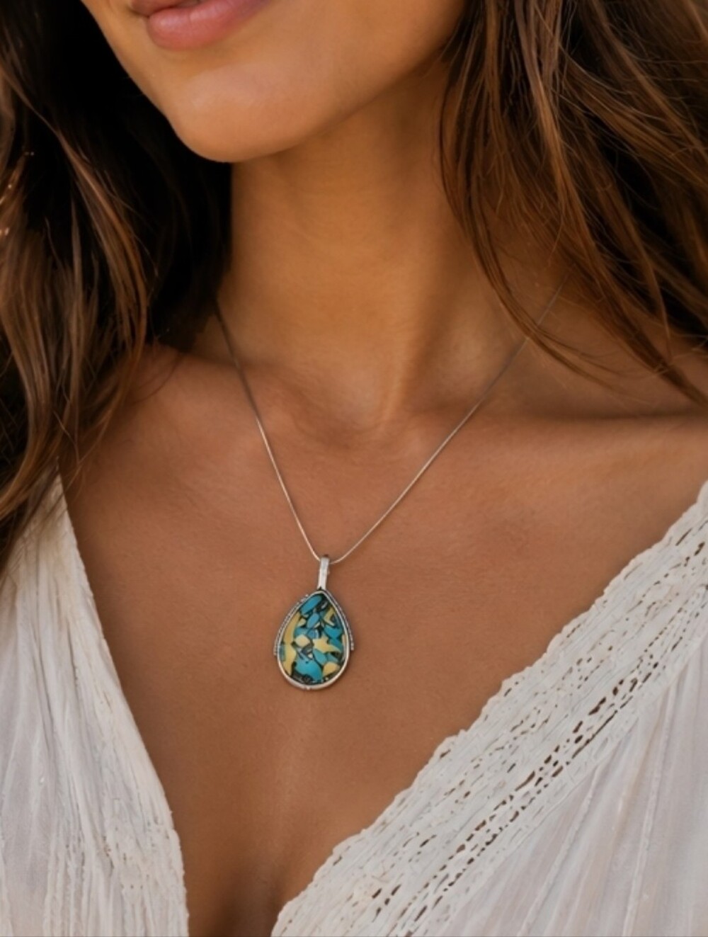 New! Southwestern Turquoise Look Teardrop Pendant Necklace Silver Tone Boho